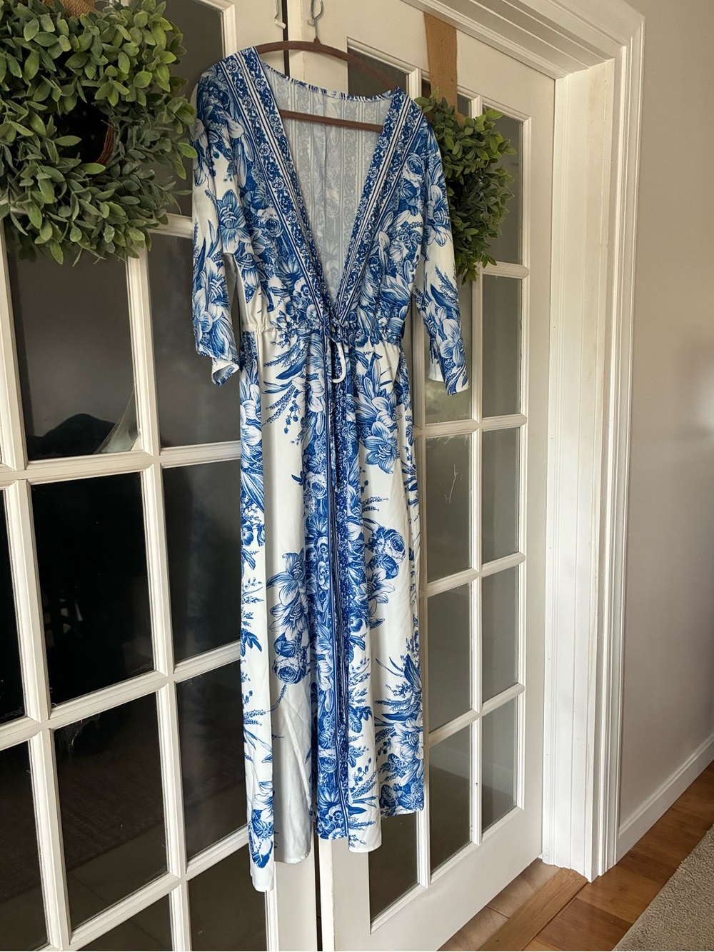 Blue & White Floral Wrap Dress - Beach Cover up